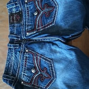 Men's Rock Revival Jeans, Blue jeans with red stitching, Size 38